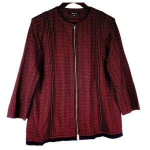 Misook Large 12 14 Jacket Blazer Cardigan Red Black Zip Up Chevron Knit Career